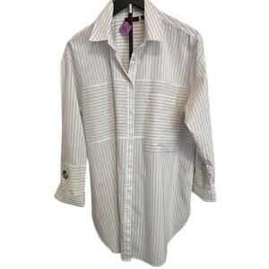 Halogen White Pinstripe Button Down Long Sleeve Oversized Cuff Detail SZ L NWOT